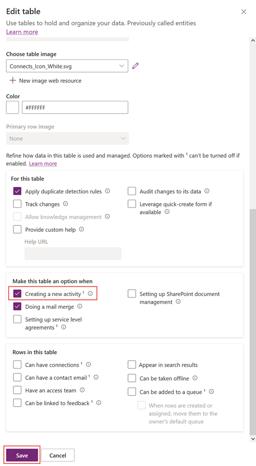 Enable table for activity