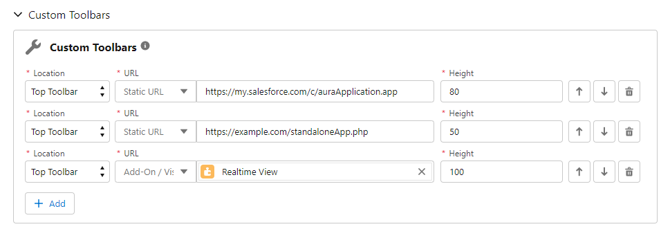 Integrations Section Custom Toolbars