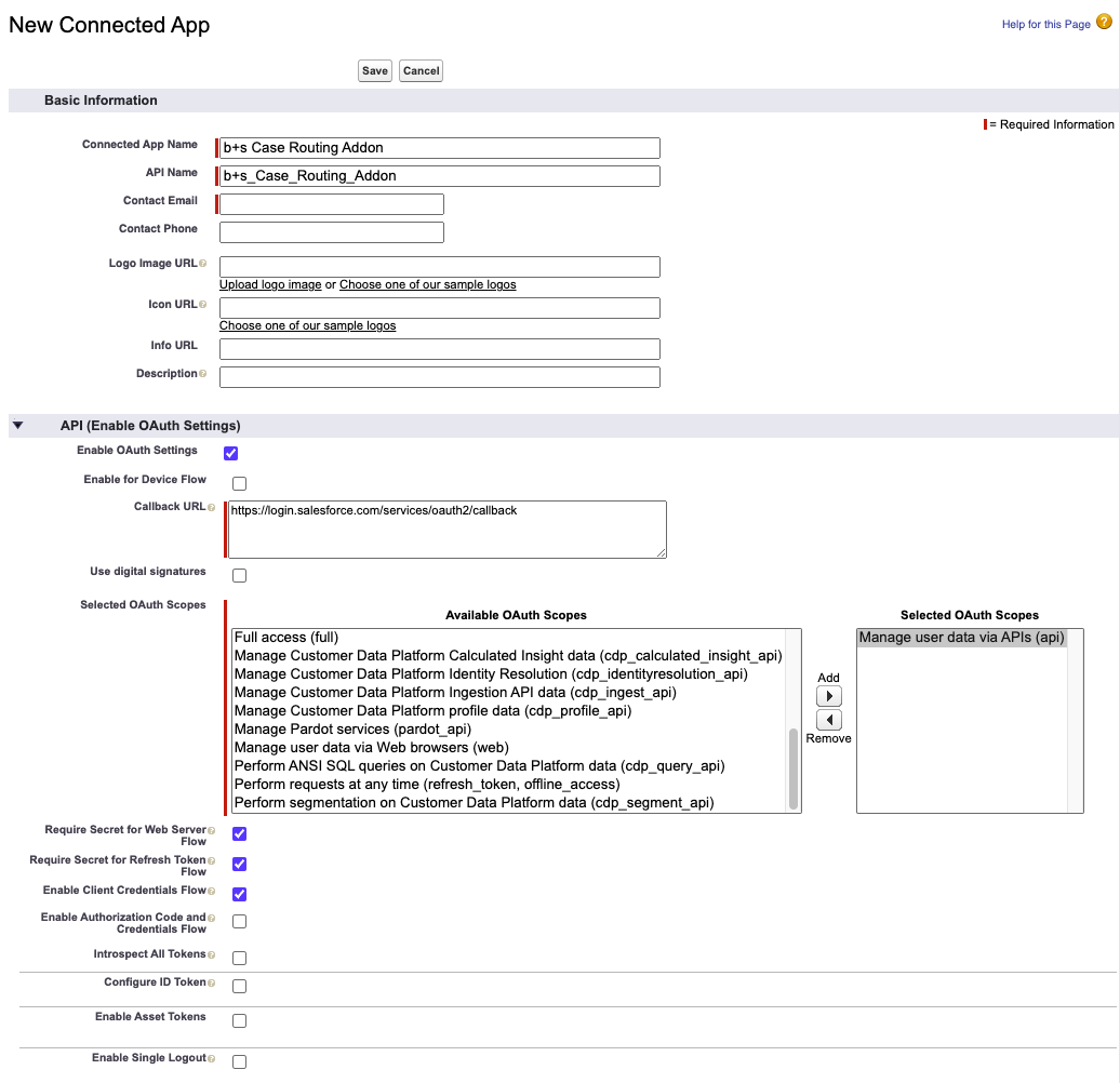 Connected App minimal required configuration