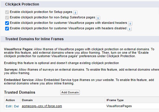 Clickjack Protection settings for Lightning Experience