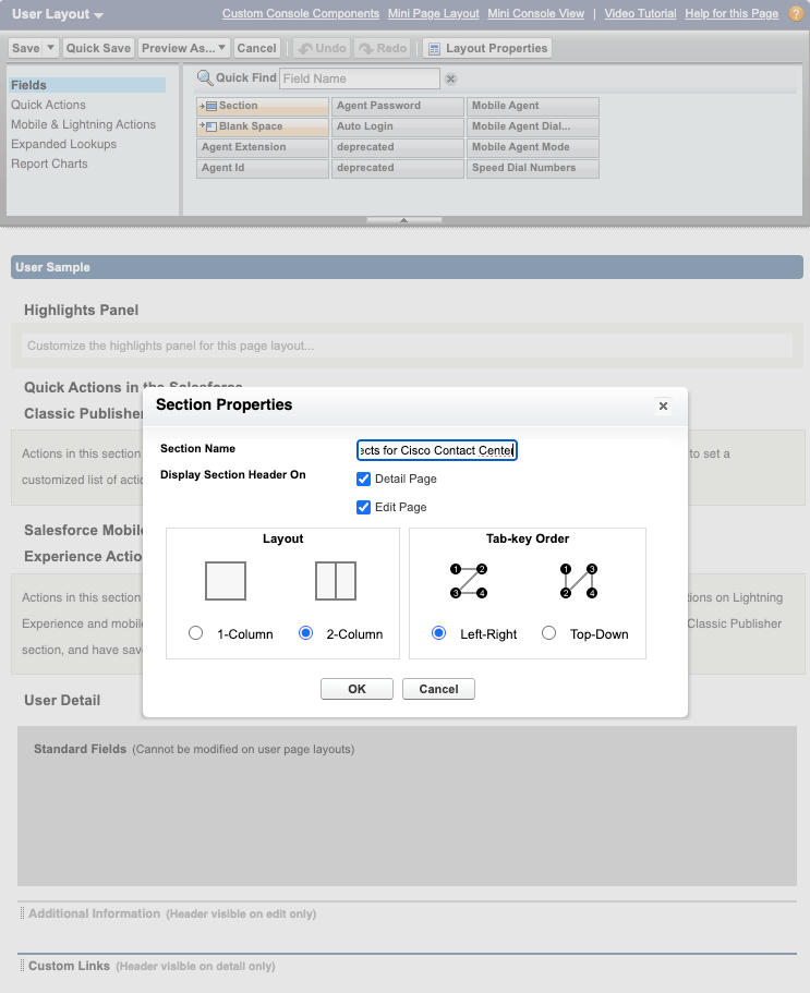 Settings of New Section in User Layout