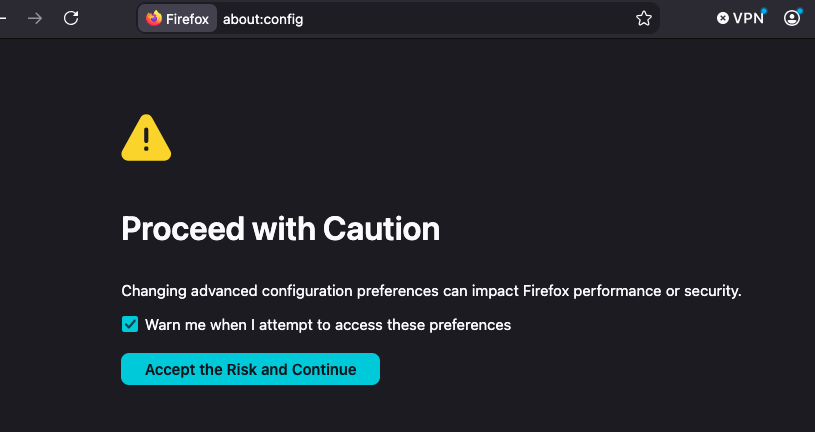 Firefox about:config page with the risk warning