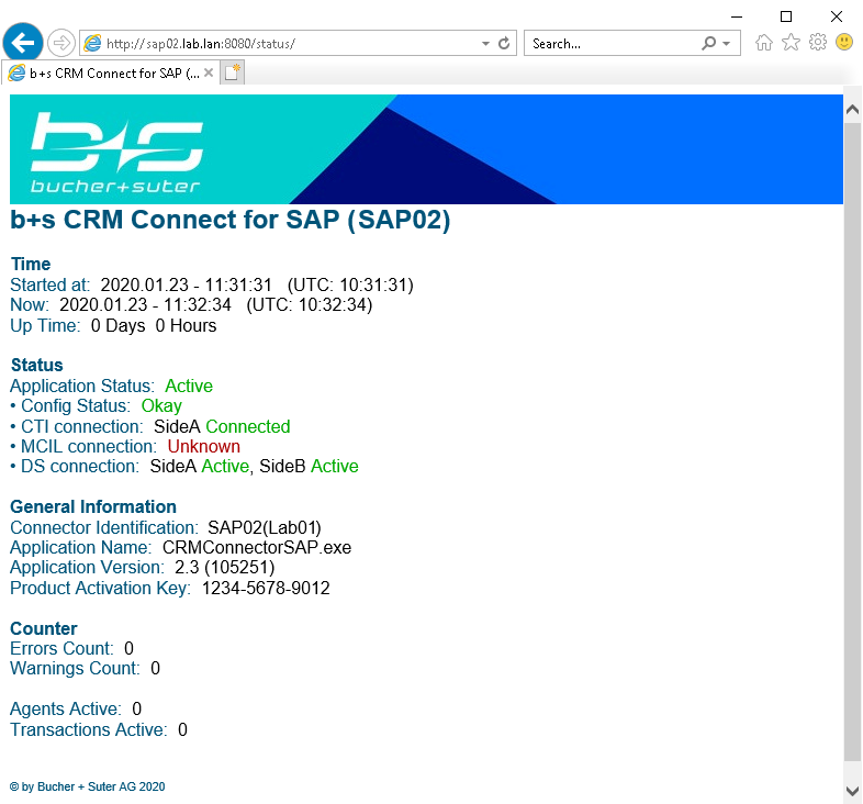 CRMConnectorSAP Web Status Page