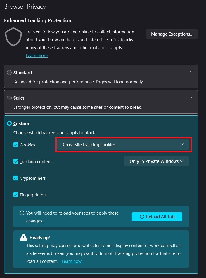 Firefox Tracking Protection Settings