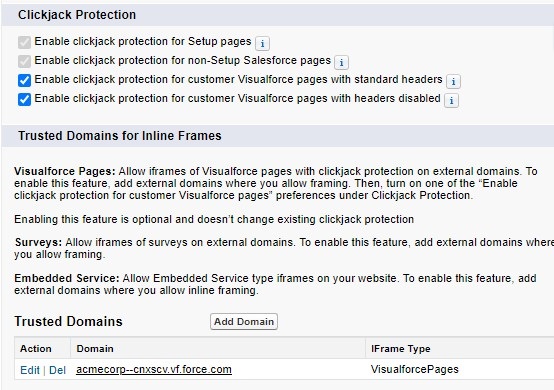 Clickjack Protection settings for Lightning Experience