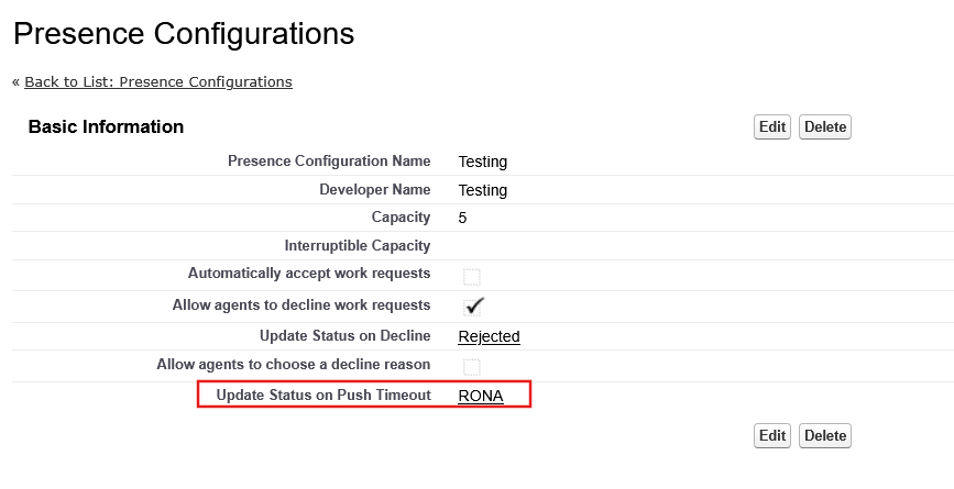 Presence Configuration RONA Status