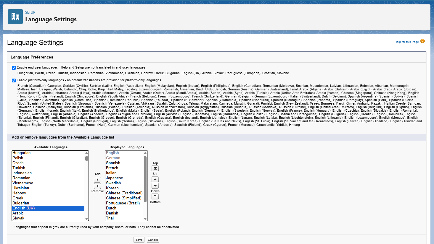 Language settings