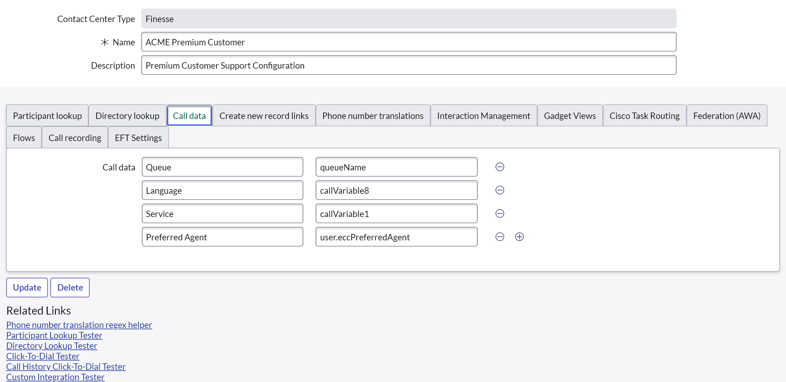 Call data configuration