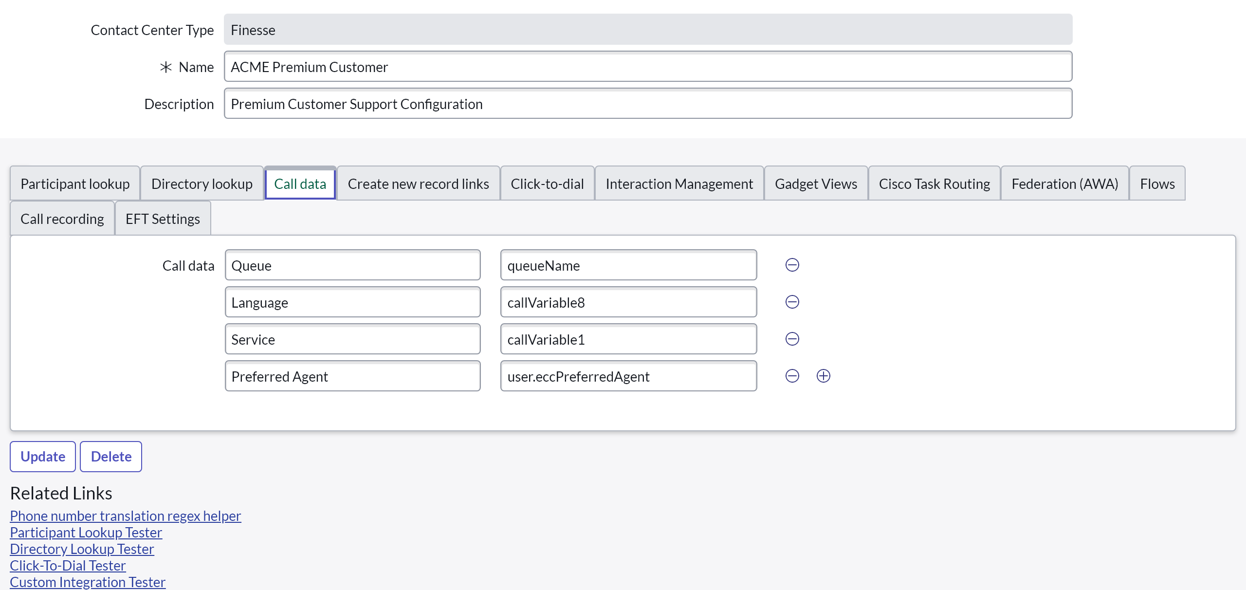 Call data configuration