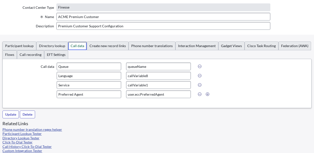 Call data configuration