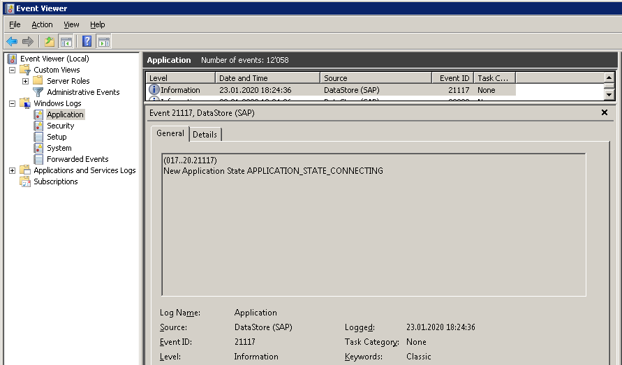 Windows Event Log entry of the DataStore (Siebel)