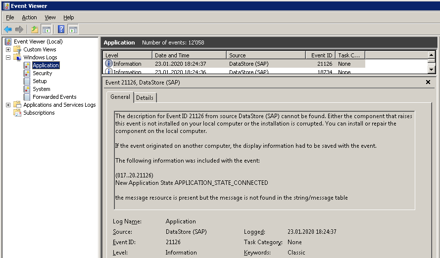 Windows Event Log entry of the DataStore (Siebel) with configuration failure.