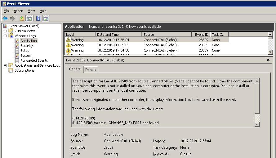 Windows Event Log entry of the ConnectMCAL with config failure