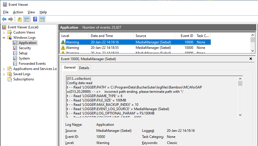 Windows Event Log entry of the MediaManager