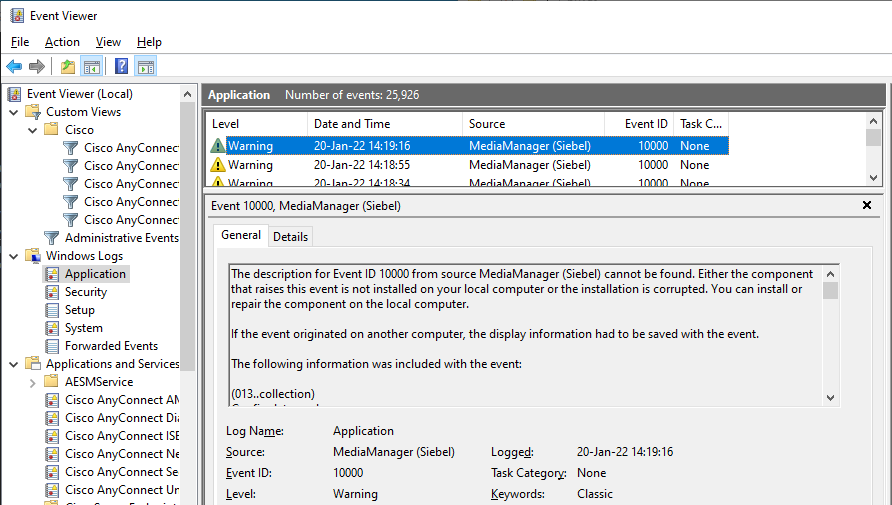 Windows Event Log entry of the MediaManager with config failure