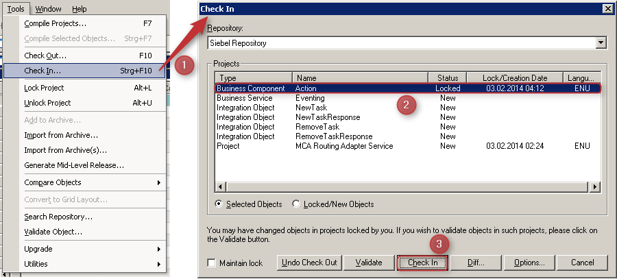 Siebel Tools Check In Business Component - Action