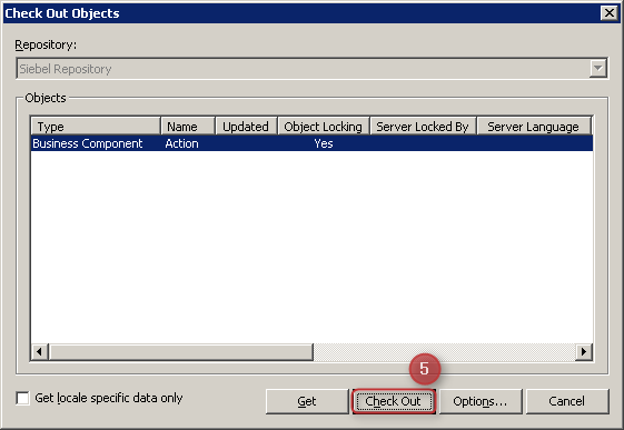 Siebel Tools Checkout Business Component - Action