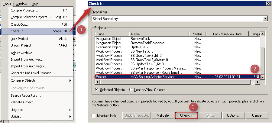 Siebel Tools Compile Project Check In