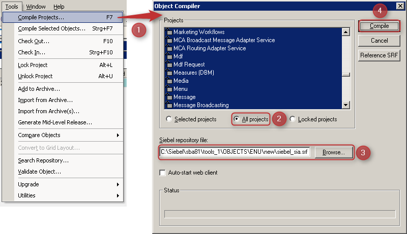 Siebel Tools Compile Project Object Compiler