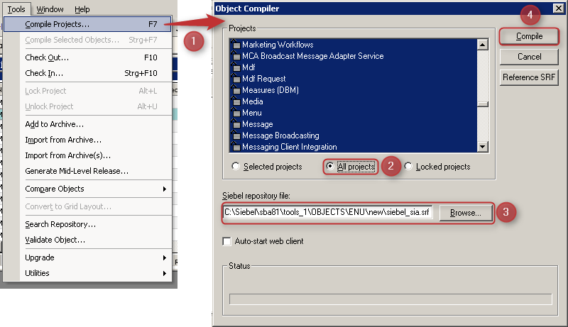 Siebel Tools Compile Projects