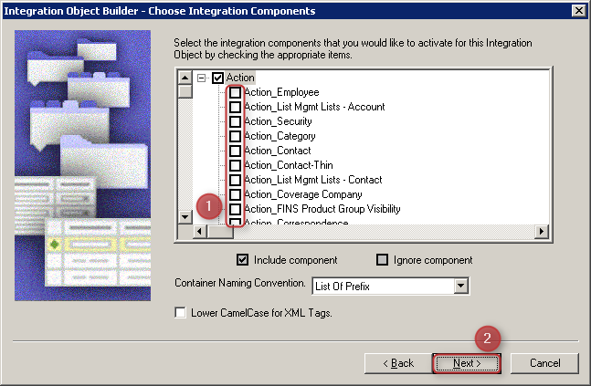 Siebel Tools Integration Object Builder Choose Integration Components