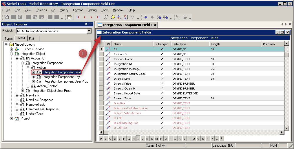Siebel Tools Integration Component Field BS Action_IO