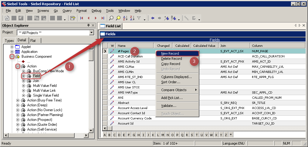 Siebel Tools New Record Field Business Component - Action