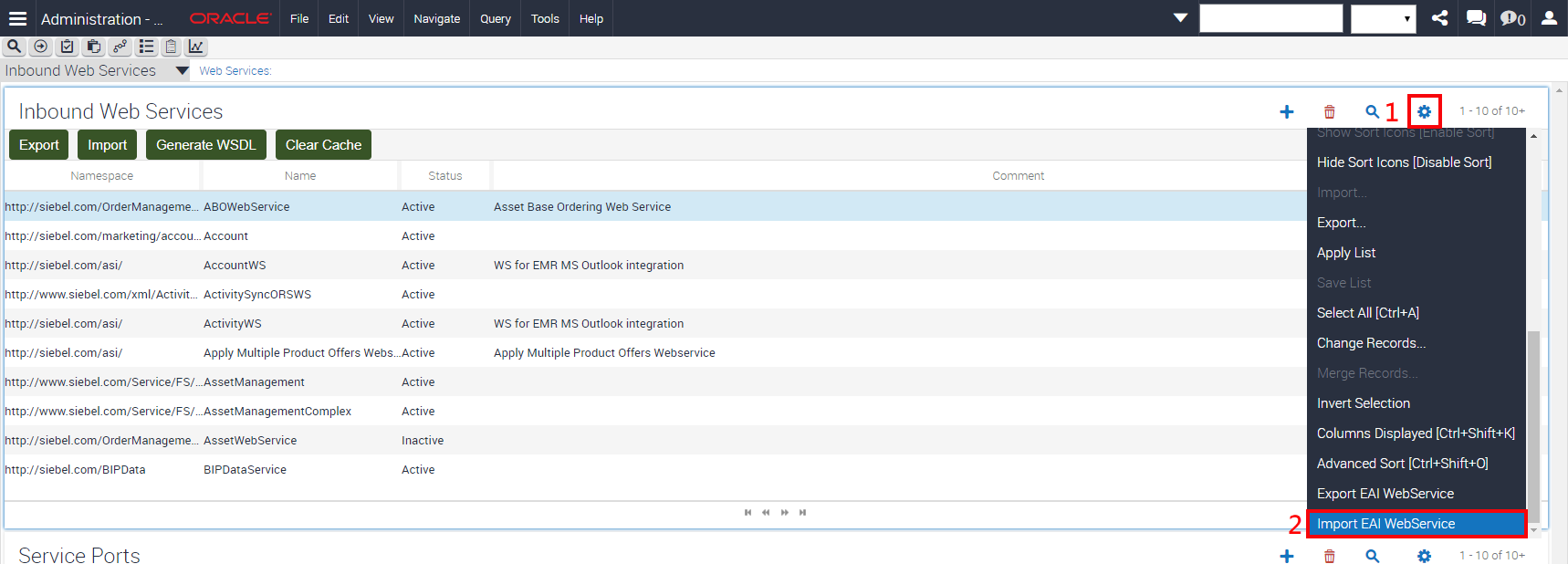 Siebel Web Configuration Import Inbound Web Services